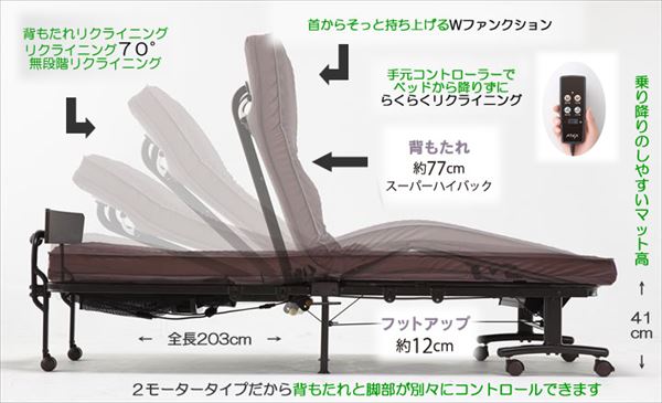 折りたたみベッド・電動ベッド ＞ 電動リクライニング折りたたみベッド ＞ 国内生産２モーター折りたたみ式軽介護電動リクライニングベッドＡＸ－ＢＥ７３５